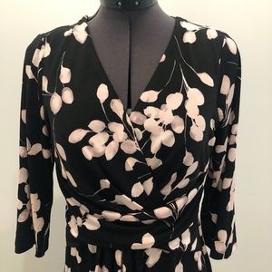 Black Cream Grey Floral Faux Wrap Dress